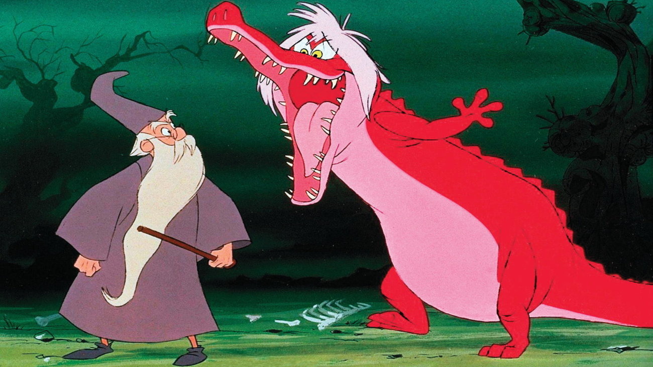 The cartoon wizard Merlin facing a large red crocodile opening its mouth